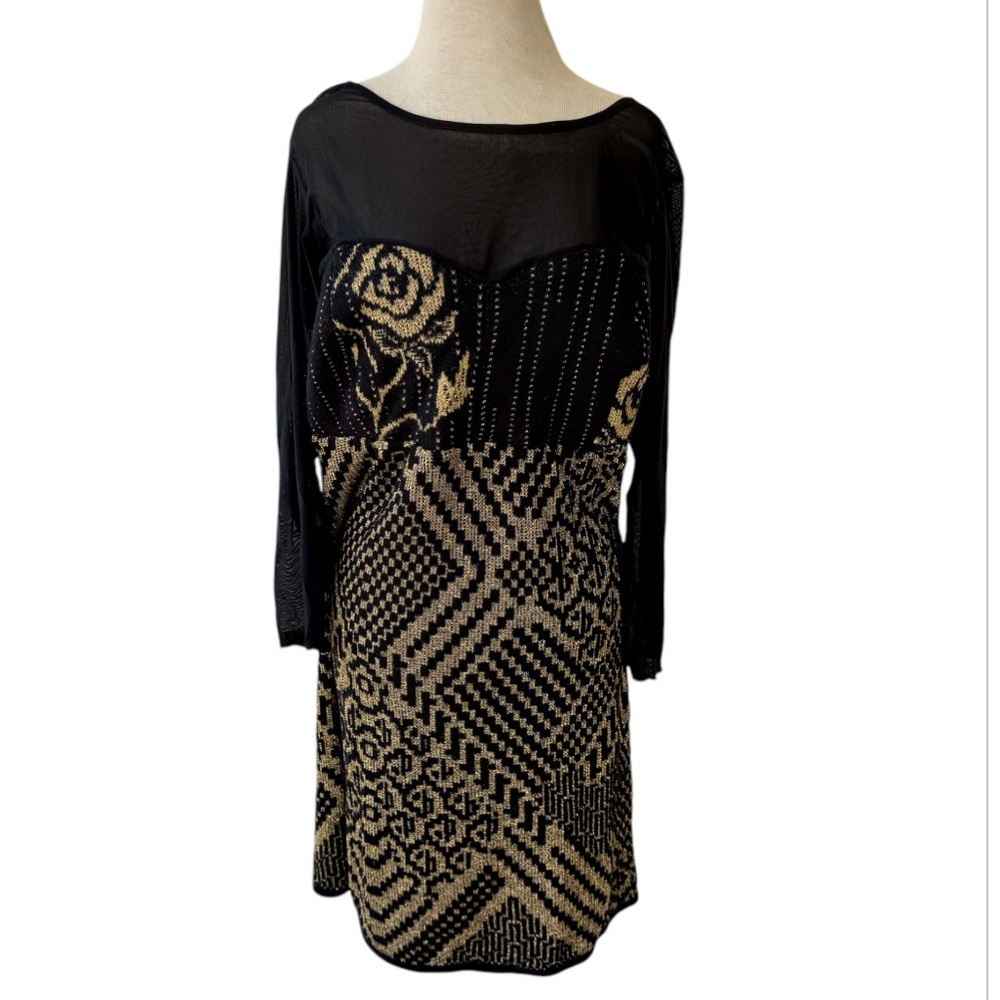 Handmade Sweater Dress Black Gold Metallic Mesh Sz 2X Midi Sweetheart Holiday